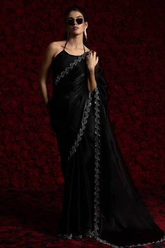 Black color hand work zarkhan border tissue silk fancy saree with running blouse