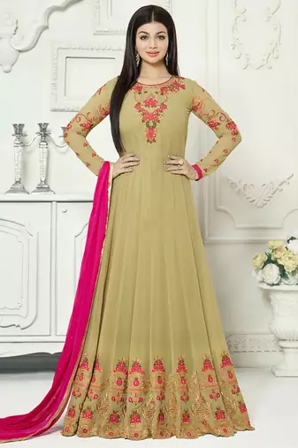 Beige Georgette Embroidered Wedding Wear Designer Anarkali Semi Stiched Suit