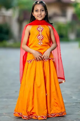 Yellow embroidered silk lehenga set