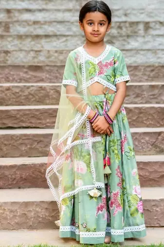 Yellow printed silk lehenga set