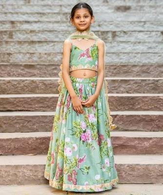 Green printed chanderi lehenga set 1