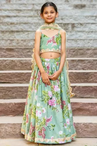 Green printed chanderi lehenga set