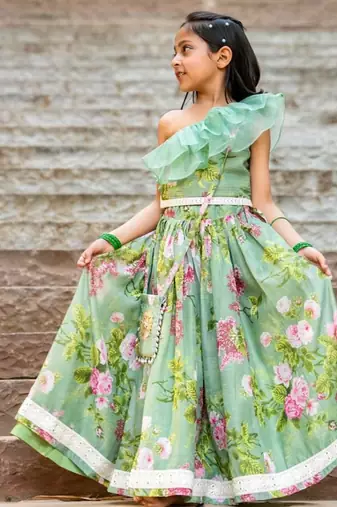 Green printed chanderi lehenga set