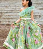 Green printed chanderi lehenga set