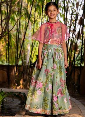 Green printed chanderi lehenga set 1