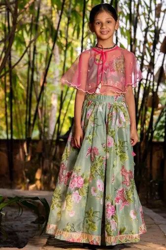 Green printed chanderi lehenga set