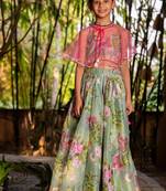 Green printed chanderi lehenga set
