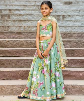 Green printed chanderi lehenga set 2