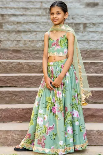 Green printed chanderi lehenga set