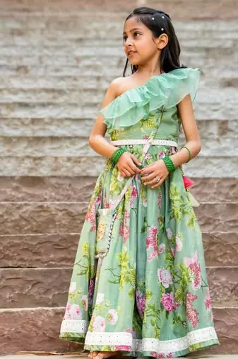 Green printed chanderi lehenga set