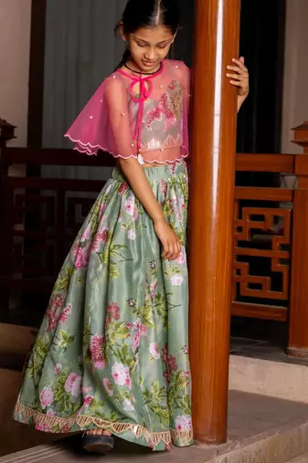 Green printed chanderi lehenga set