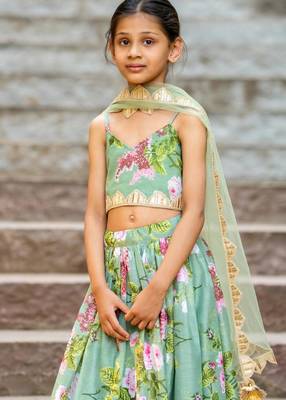 Green printed chanderi lehenga set 3