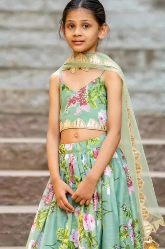 Green printed chanderi lehenga set