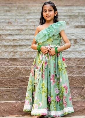Green printed chanderi lehenga set 1