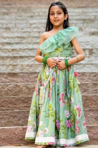 Green printed chanderi lehenga set