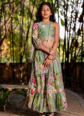 Green printed chanderi lehenga set 1