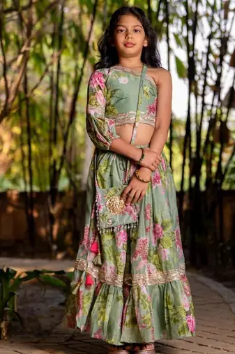 Green printed chanderi lehenga set