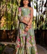 Green printed chanderi lehenga set