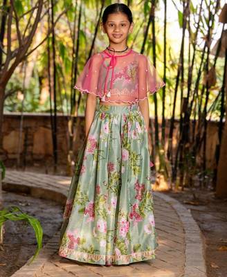 Green printed chanderi lehenga set 3