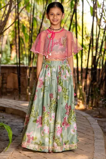 Green printed chanderi lehenga set