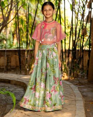 Green printed chanderi lehenga set 4