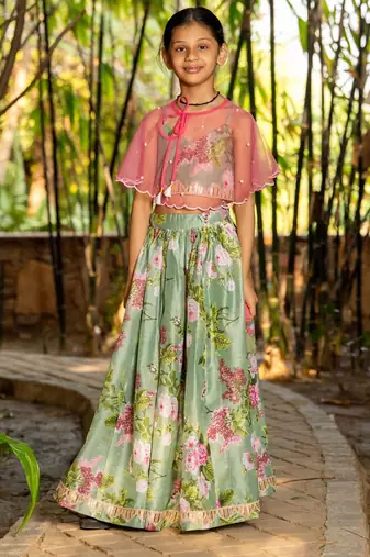 Green printed chanderi lehenga set