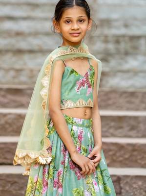 Green printed chanderi lehenga set 4