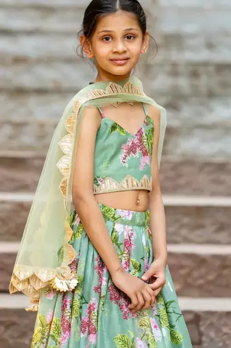 Green printed chanderi lehenga set