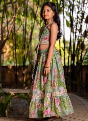 Green printed chanderi lehenga set 2