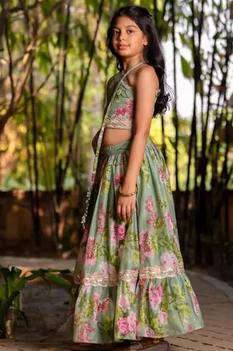 Green printed chanderi lehenga set