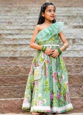 Green printed chanderi lehenga set 4