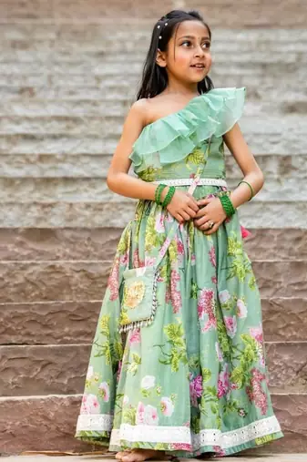 Green printed chanderi lehenga set