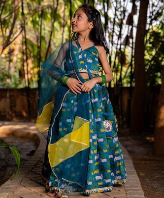 Blue printed chanderi lehenga set 2