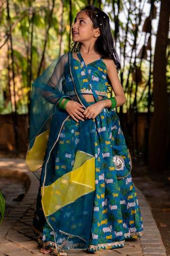 Blue printed chanderi lehenga set