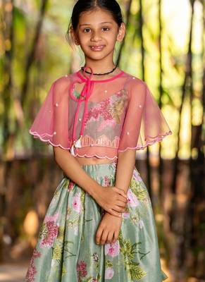 Green printed chanderi lehenga set 5