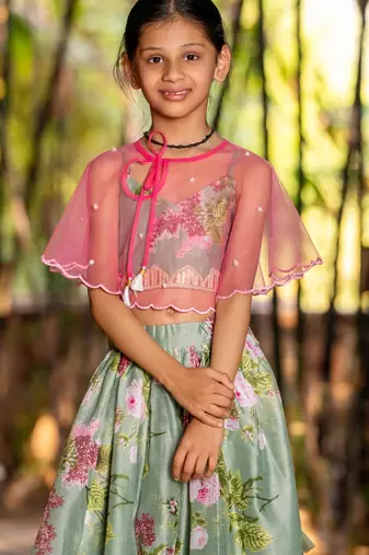 Green printed chanderi lehenga set