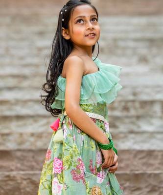 Green printed chanderi lehenga set 5