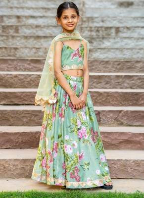 Green printed chanderi lehenga set 5