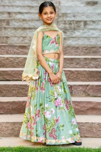 Green printed chanderi lehenga set