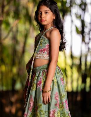 Green printed chanderi lehenga set 3