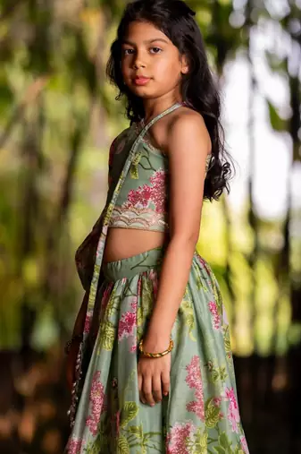 Green printed chanderi lehenga set