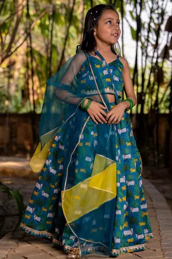 Blue printed chanderi lehenga set