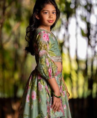 Green printed chanderi lehenga set 4