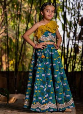Blue printed chanderi lehenga set 1