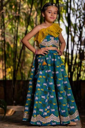 Blue printed chanderi lehenga set