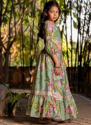 Green printed chanderi lehenga set 5