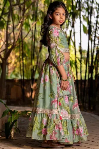 Green printed chanderi lehenga set