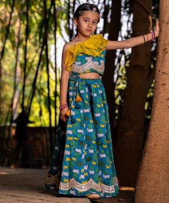 Blue printed chanderi lehenga set 2