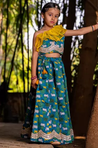 Blue printed chanderi lehenga set