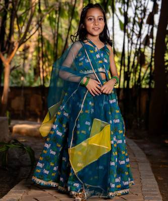 Blue printed chanderi lehenga set 1